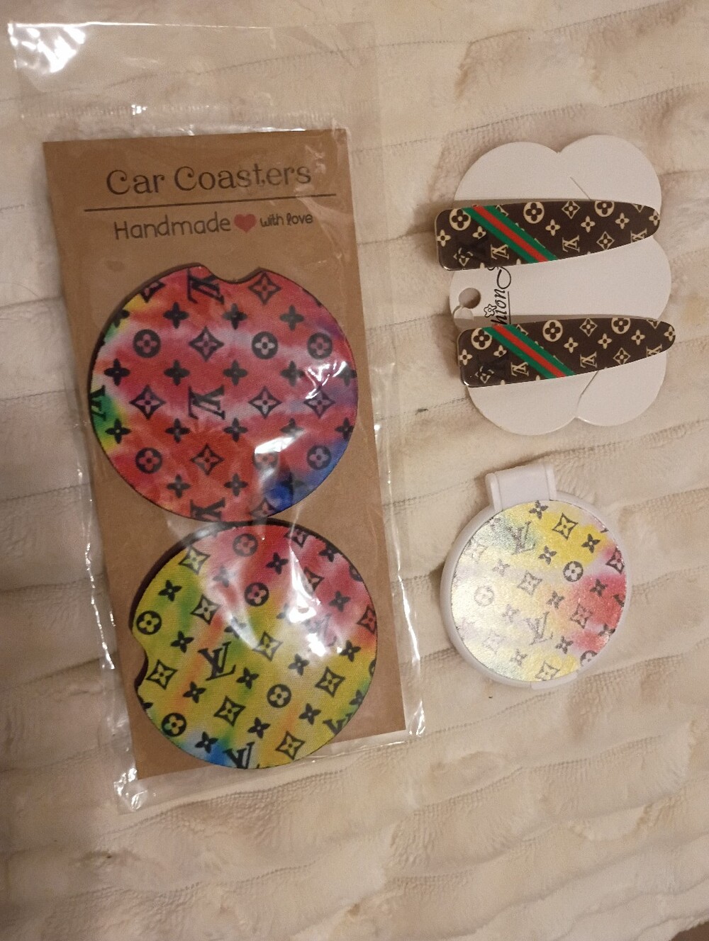 Lot of 3: Car Coasters, Barettes, Mirror